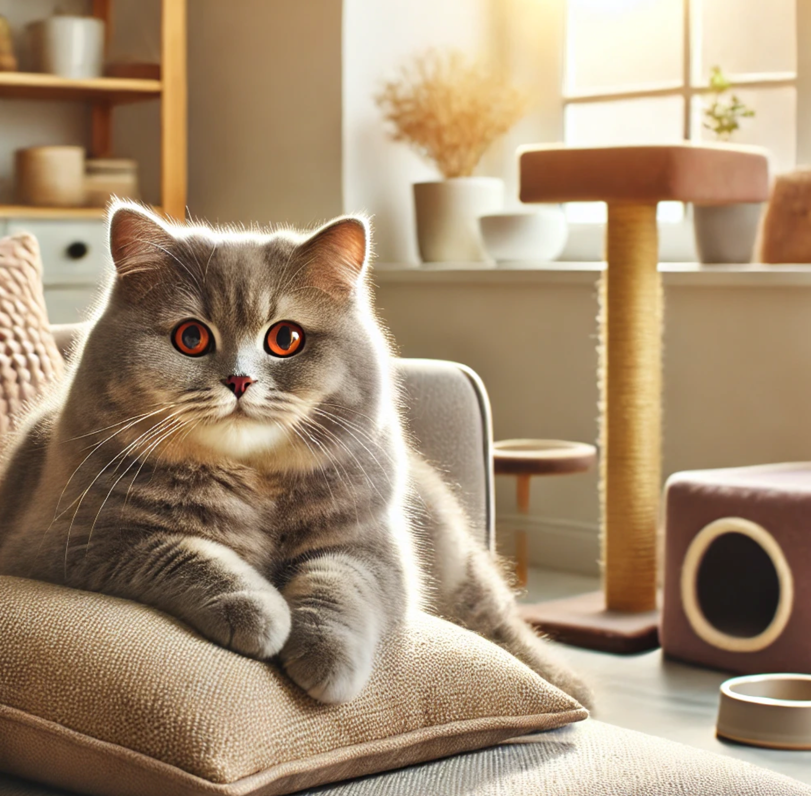 Gemütliches Wohnzimmer mit einer flauschigen Britisch Kurzhaar-Katze
