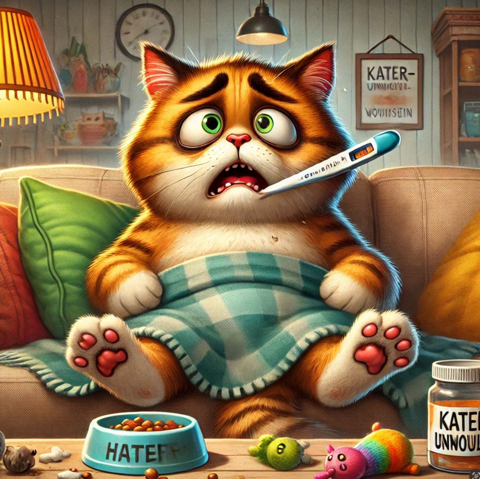 Humorvolle Illustration eines kranken Katers, der sich unwohl fühlt.