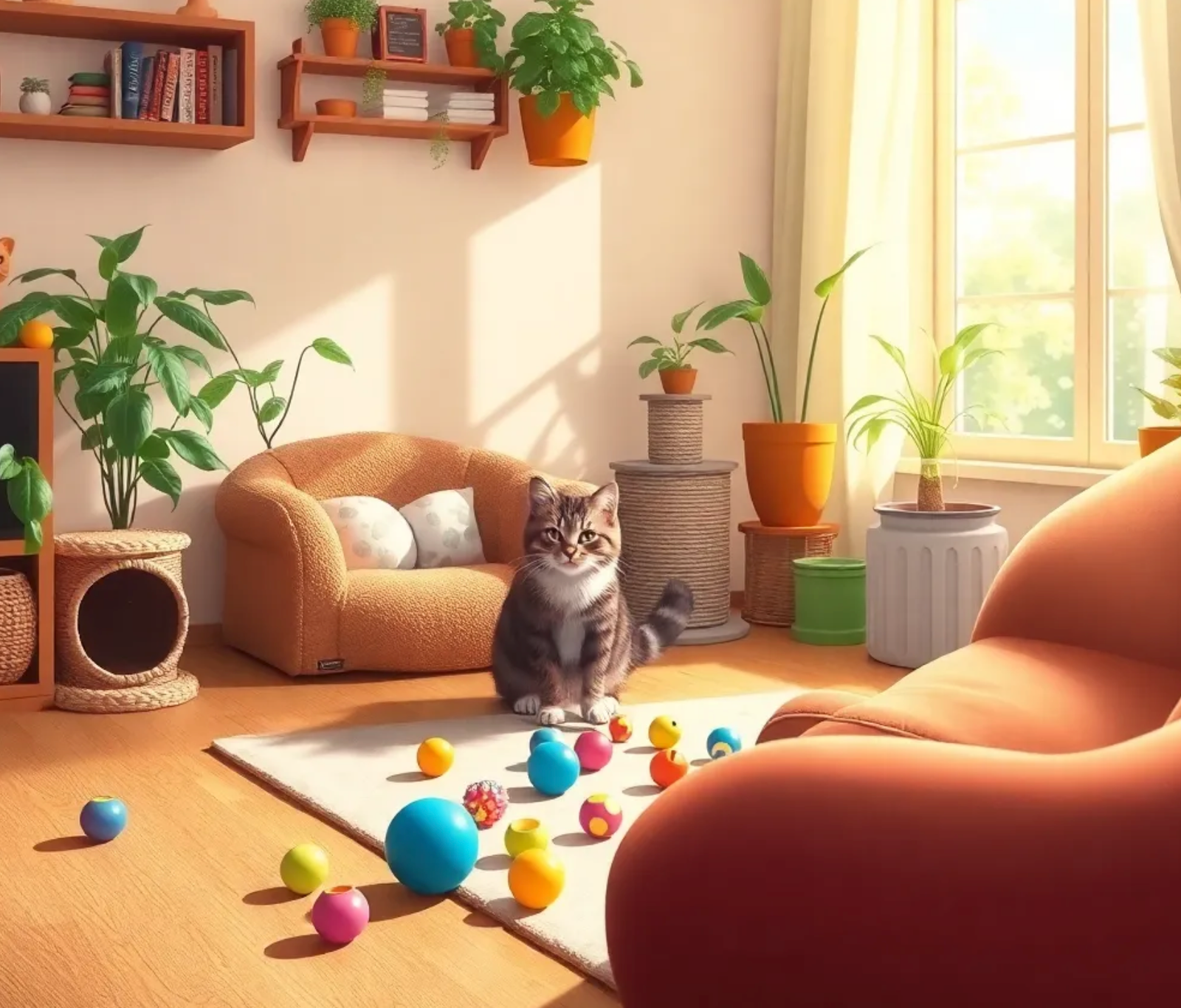 Gemütliche Katzenpflege-Szene: Glückliche Katze in einem liebevollen Zuhause
